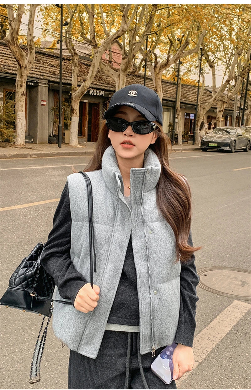 Short Down cotton Vest Women's 2025 Korean Fashion New Stand-up Sleeveless Zipper Student Vest Jacket Black Gray Waistcoat Tide