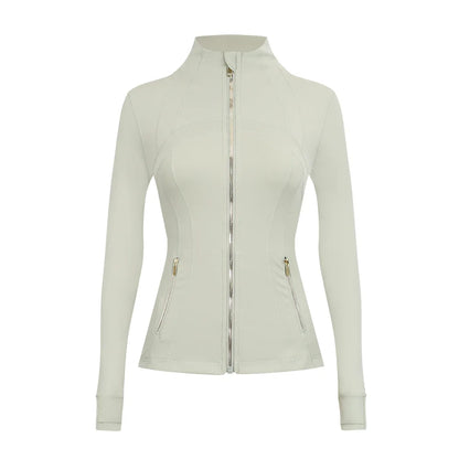Personalized LOGO custom women's gold zip jacket tight stand-up collar quick-drying fitness running yoga suit 41-color S-3XL top