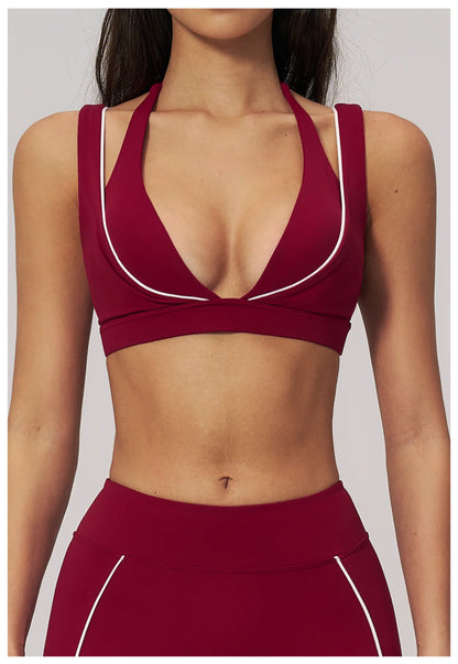 Color Contrast Deep-V Sports Bra Women's Gym Fitness Yoga Top Backless Breathable Sports Underwear Female Push Up Workout Top