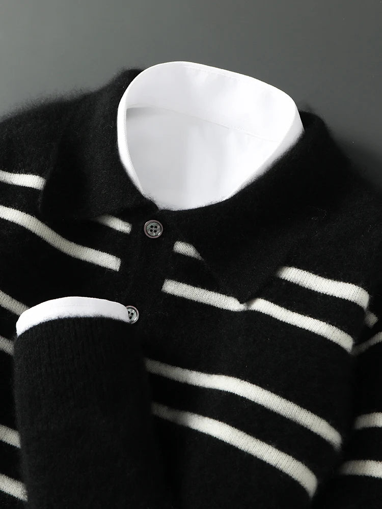 Men Leisure 100% Merino Wool Sweater Polo Collar Knit Pullover Autumn Winter Cashmere Clothing Casual Business Color Stripe Top