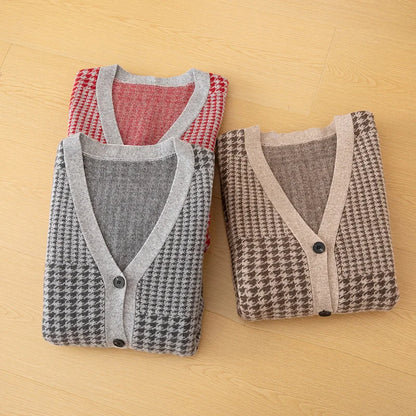 Men's V-Neck Cardigan Business Casual Jacquard Thickened Jacket 100% Merino Wool Knit Coat Autumn Winter Warmth Men's Clothing