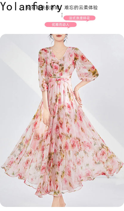YOLANFAIRY 100% Real Silk Floral Dresses Woman Summer Clothes Elegant Mulberry Silk Pink Dress Romantic Women's Birthday Dress