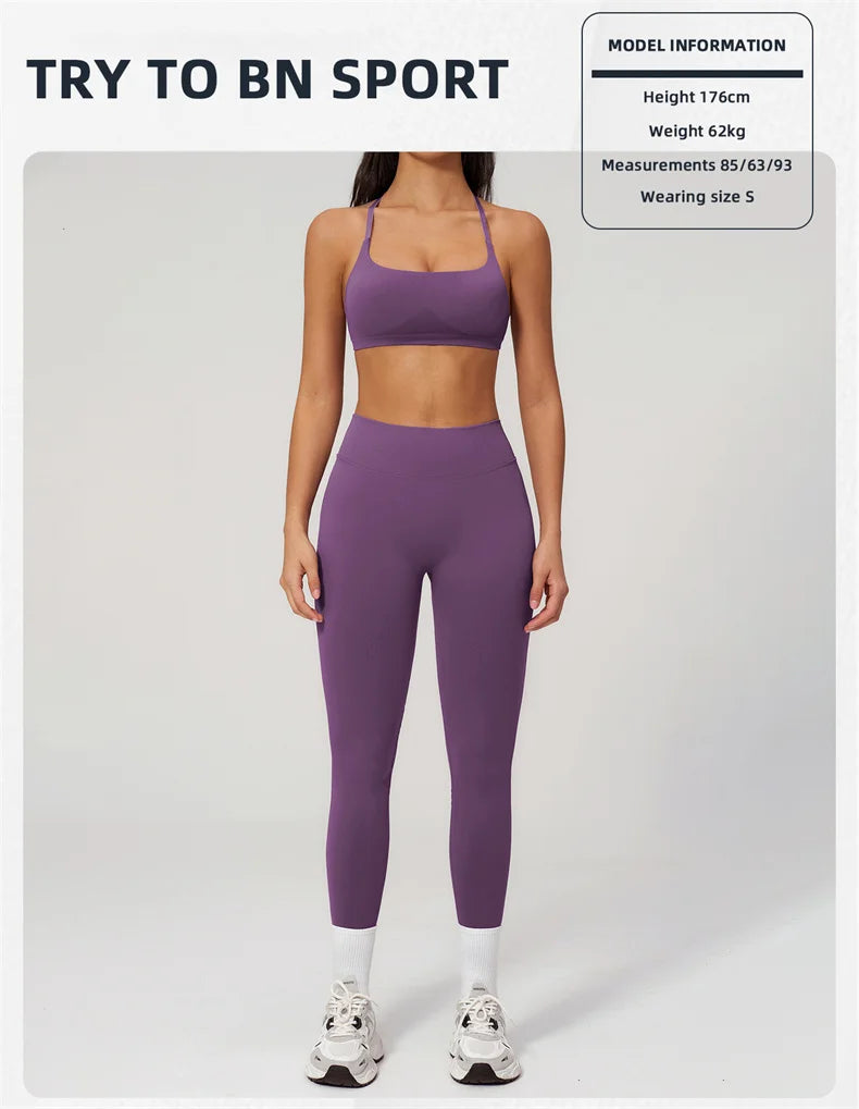 TRY TO BN Women Tracksuit 2 Piece Yoga Set Cross Bra High Waist V Waist Leggings Tummy Control Butt Lifting Workout Running Gym