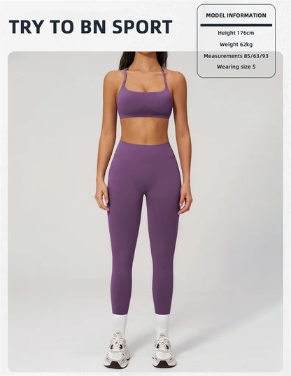 TRY TO BN Women Tracksuit 2 Piece Yoga Set Cross Bra High Waist V Waist Leggings Tummy Control Butt Lifting Workout Running Gym