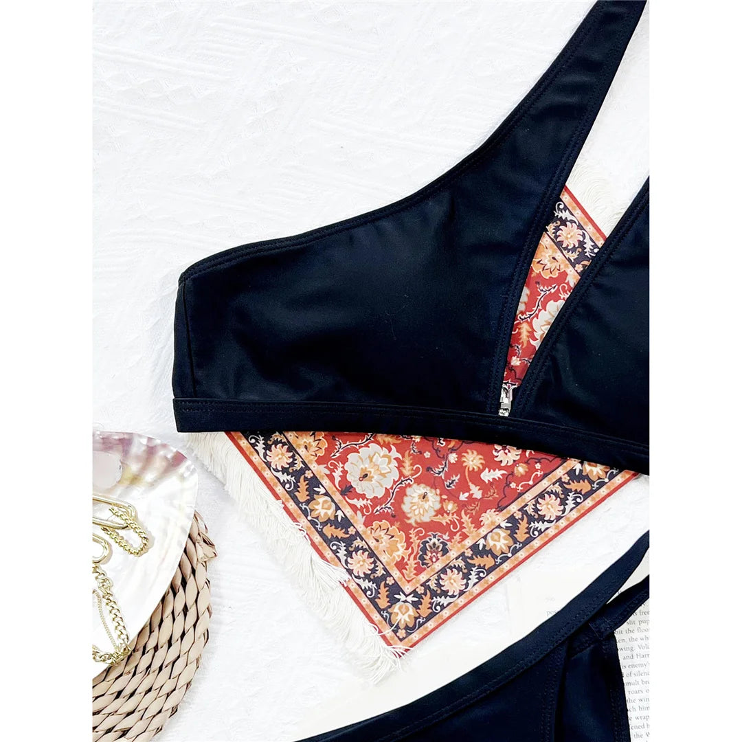 Women Swimwear Asymmetric Metal Chains One Shoulder Bikini Female Swimsuit Two-pieces Bikini set Bather Bathing Suit Swim V3459