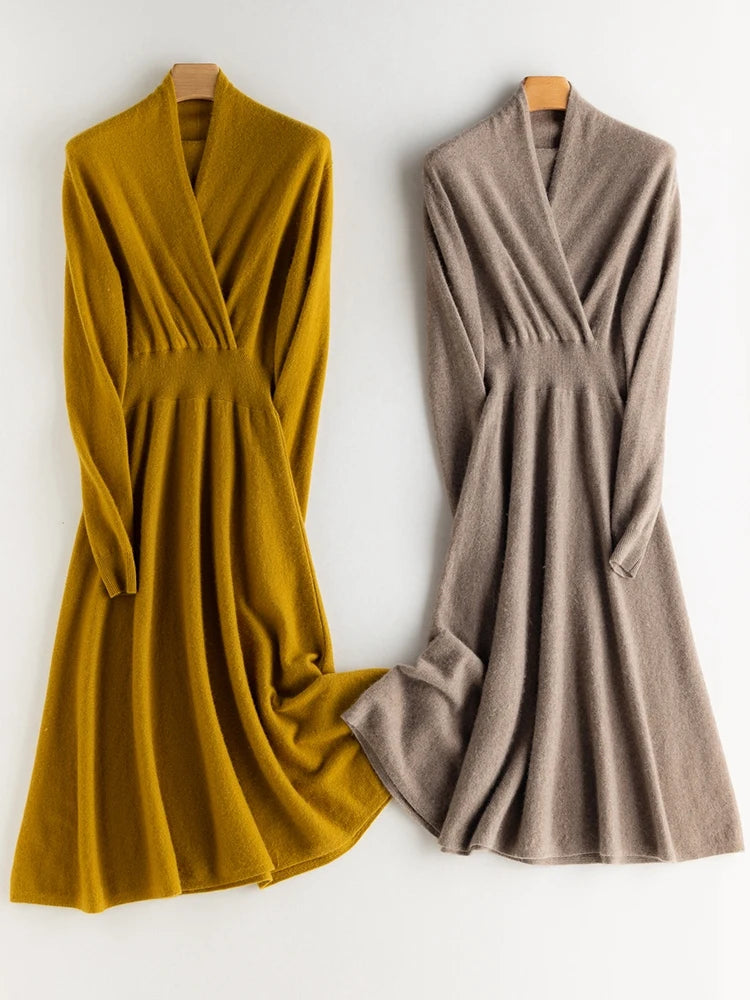 CHICUU Women 100% Cashmere Dresses V-neck Waist Cinching Dresses Autumn Winter Office Lady Grace Luxury Cashmere Knitwear