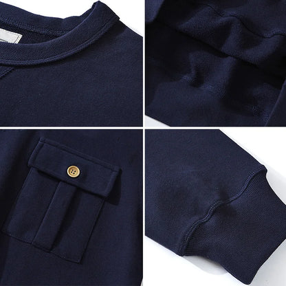 Men's Amekaji 490g Heavyweight French Terry Sweatshirt - Solid Color Crew Neck Pullover Kangaroo Pocket Thick Hoodie