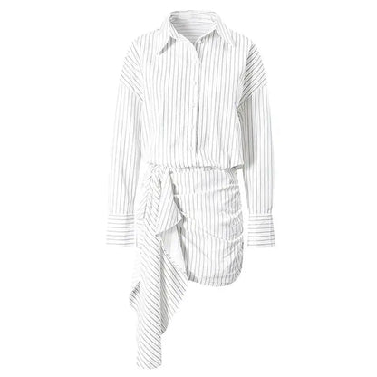 DEAT Fashion Striped Wrap Tie Waist Shirt Mini Dress Women's Lapel Asymmetric Ruched Hem Striped Bodycon Dresses Summer New