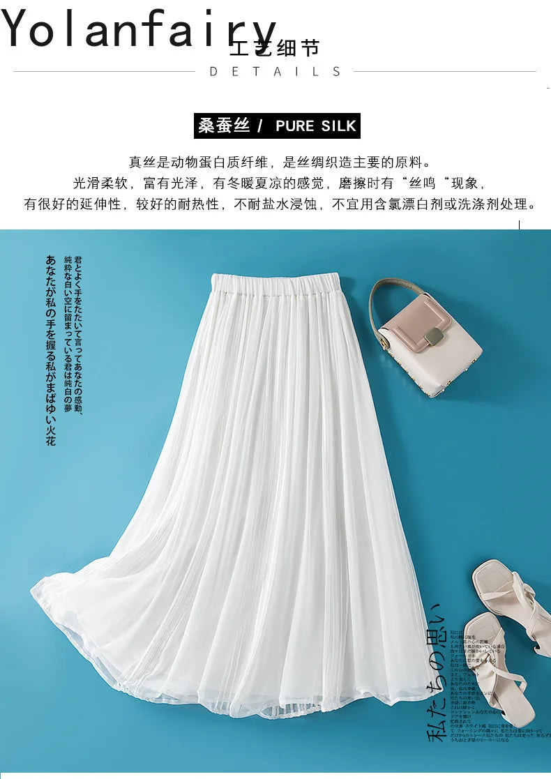 YOLANFAIRY 8mm 100% Real Mulberry Silk Skirts for Women 2026 Summer Solid Elastic Waist Skirt Woman Elegant Black Skirt Fashion