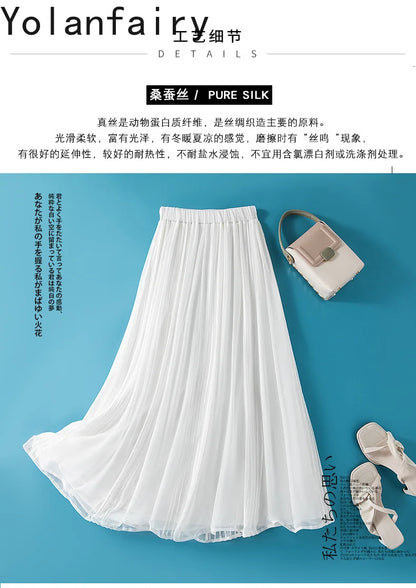YOLANFAIRY 8mm 100% Real Mulberry Silk Skirts for Women 2026 Summer Solid Elastic Waist Skirt Woman Elegant Black Skirt Fashion