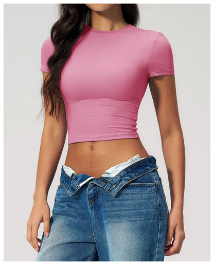 Women Solid Yoga Short Sleeve Breathable Sport T-Shirt Elastic Fitness Yoga Top Gym Shirts Female Casual Running Workout Clothes