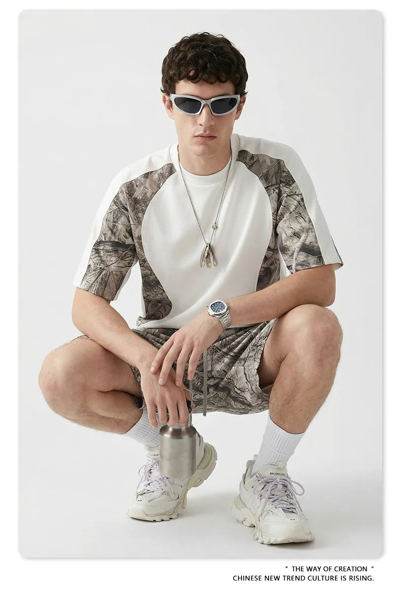 Custom LOGO men's summer camouflage splicing 240G quick-drying cotton polyester short-sleeved T-shirt loose sports shorts set