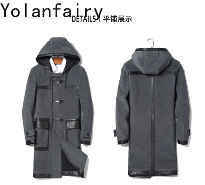 YOLANFAIRY Luxury Woolen Jackets for Man Autumn Winter Mid-length Pure Wool Patchwork Sheepskin Trench Coat Hooded Mens Jacket