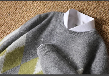 Autumn Winter New Men's Cashmere Sweater Thickened Round Neck Pullover With Contrast Color Loose Casual Knitted100% Wool Sweater