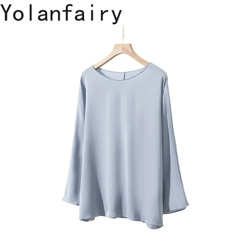 YOLANFAIRY 23MM 93% Real Mulberry Silk T Shirts for Women Summer O-neck Blouse Woman Elegant Shirt Loose OL Tops and Blouses