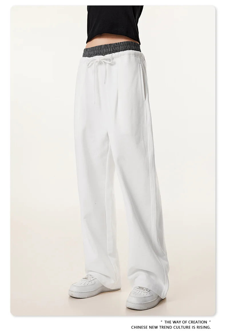 Custom LOGO Men's 2025 Summer 280G American Neutral Wind Splicing Double Waist Wide Leg Pants Sports Straight Couple Sweatpants