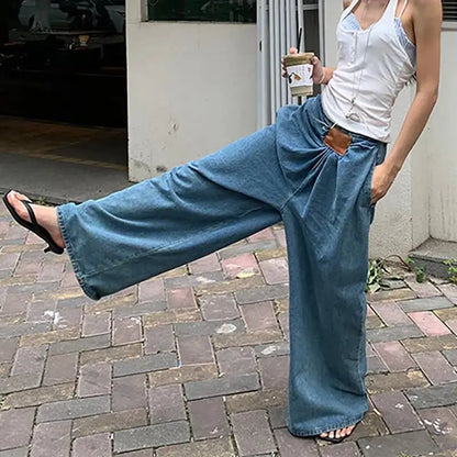 DEAT Fashion Folds Design Sense Jeans Women's High Waist Loose Wide Leg Blue Denim Pants Summer New Tide 7AB9503