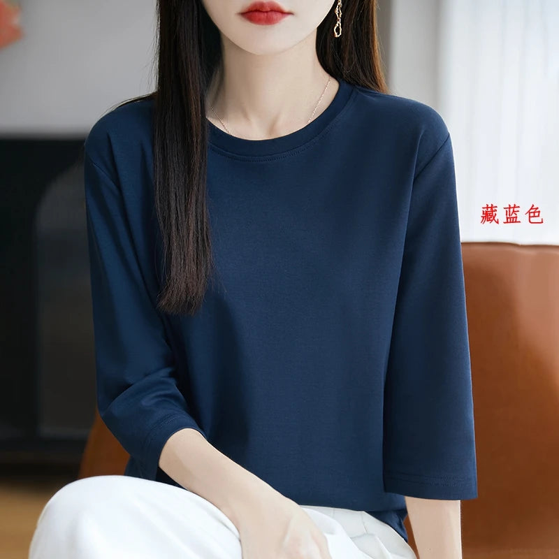 Spring And Summer New White Mercerized Cotton Short Sleeve T-Shirt Feminine Joker Cotton Cropped Sleeve Bottoming Shirt