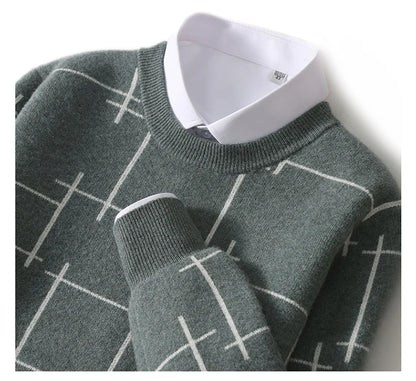 Autumn/Winter 100% Pure Wool Men's O-Neck Thick Business Sweater Loose Casual Wool Knit Bottoming Shirt Men's Sweater