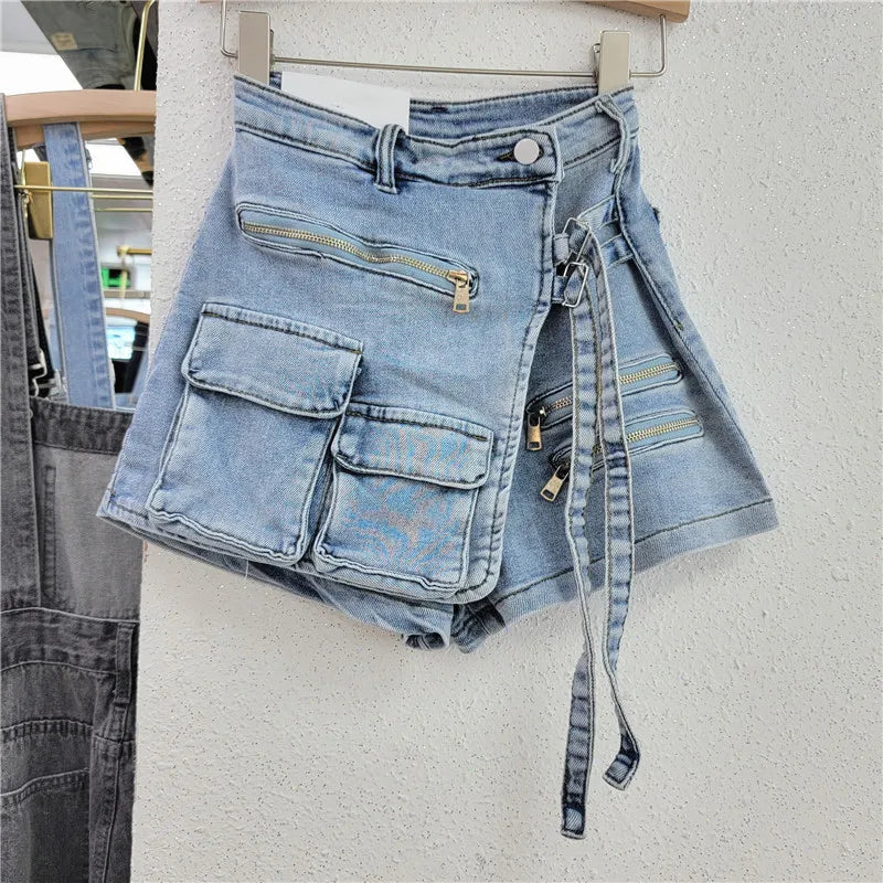 DEAT Fashion Women's Denim Shorts High Waist Zipper Lace Strap Pockets Fake 2 Pcs Green Shorts Skirts Summer 2024 New 17A6200