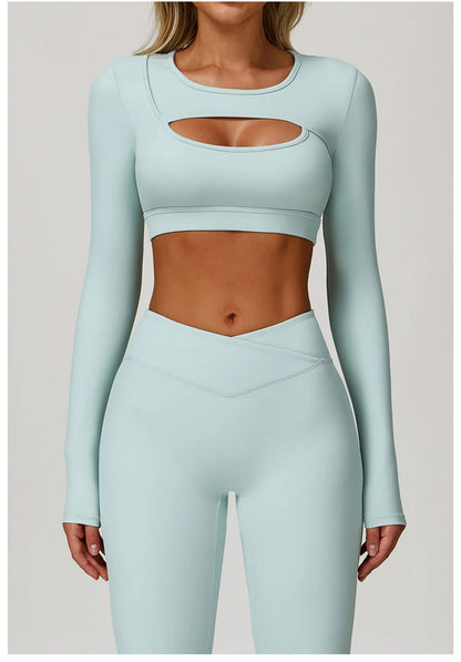 Women Yoga Shirts Crop Top Long Sleeves Sexy Hollow Out Shirts for Women Yoga Sports Fitness Gym Clothes Push Up Workout Tops