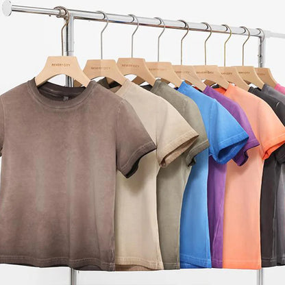 Female 240GSM Gradient Washed Custom LOGO Solid Slim  T-Shirt Soft Cotton Streetwear Casual Short Sleeve Cool Retro For Women