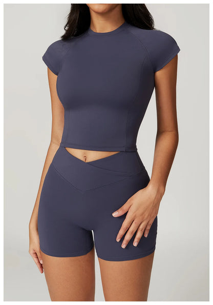 2 Pieces Yoga Set Gym Clothes Sportswear Yoga Suits For Women Fitness Short Sleeve Crop Top Tracksuits Sports Bra Gym Leggings