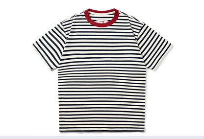 Summer new pure cotton T-shirt men's American retro contrasting shirt versatile couple short sleeved T-shirt striped base shirt