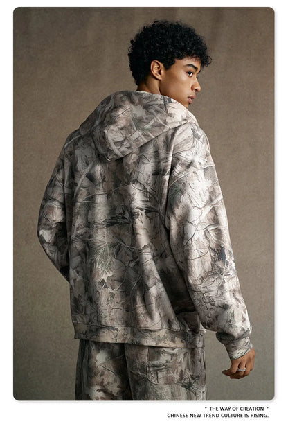 Custom LOGO men's new 340G heavy autumn and winter American camouflage fleece hooded sweatshirt jacket shorts set