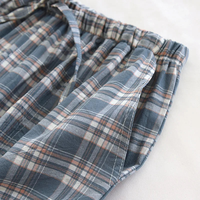 2026 New Spring and Autumn Men's Sleeper Pants 100% Cotton Gauze Japanese Checkered Pants Elastic Waist Home Pants Sleepwear