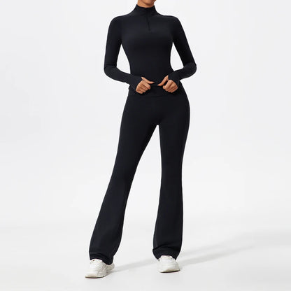 Hearuisavy Summer Half Zipper Yoga Suit Outdoor Workout Clothing Gym Set Women Flared Pants 2Pcs Sports Long Sleeves Shirt Suit