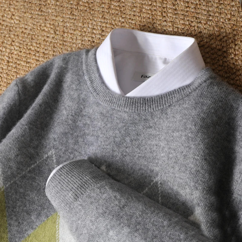 Autumn Winter New Men's Cashmere Sweater Thickened Round Neck Pullover With Contrast Color Loose Casual Knitted100% Wool Sweater