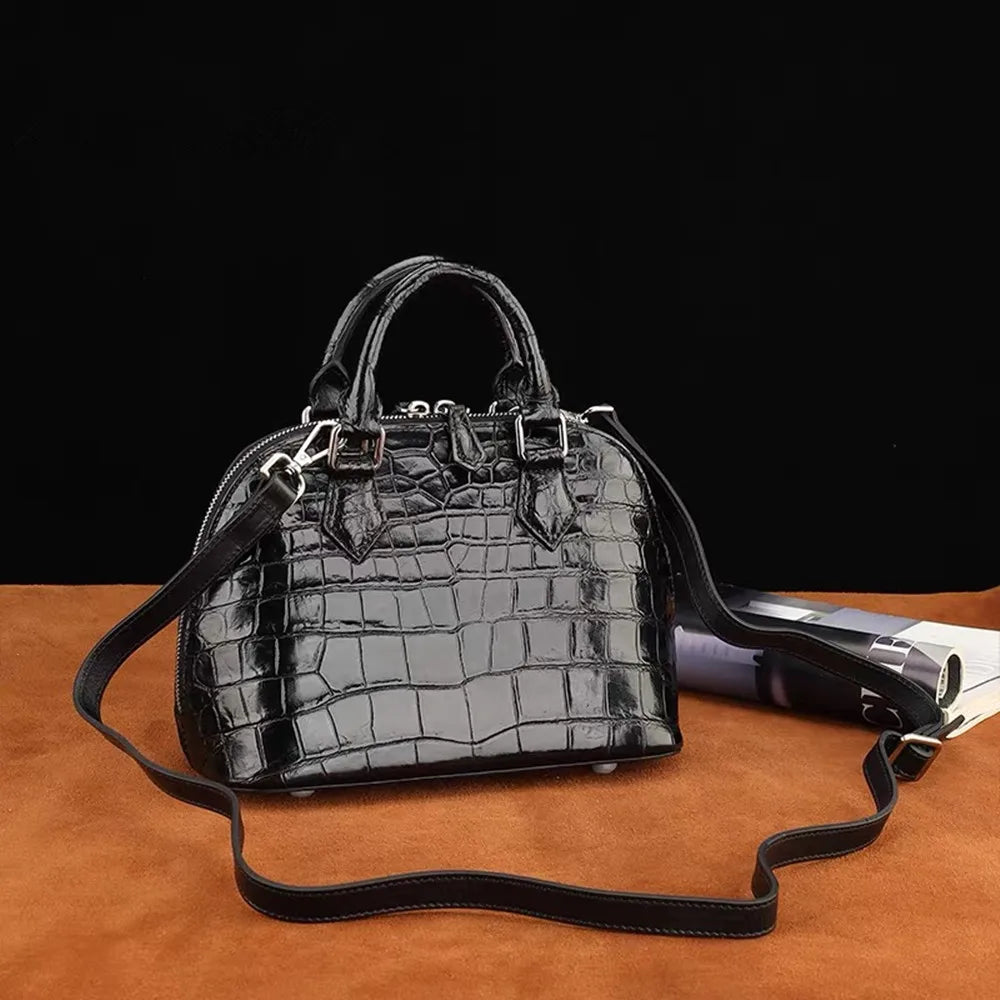 Genuine Crocodile Leather Women's Fashion Handbag, Real Crocodile Leather Zipper Shell Shoulder Bag, Crossbody Bag