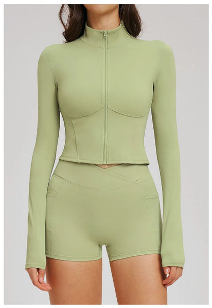 2PCS Yoga Suit Women's Tracksuit Gym Clothing Sportswear Female Workout Long Sleeve Sports Suit High Waist Cycling Shorts Set