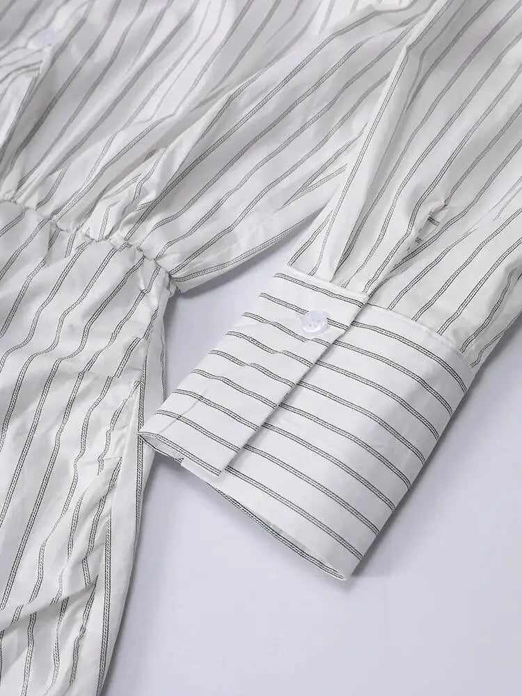 DEAT Fashion Striped Wrap Tie Waist Shirt Mini Dress Women's Lapel Asymmetric Ruched Hem Striped Bodycon Dresses Summer New