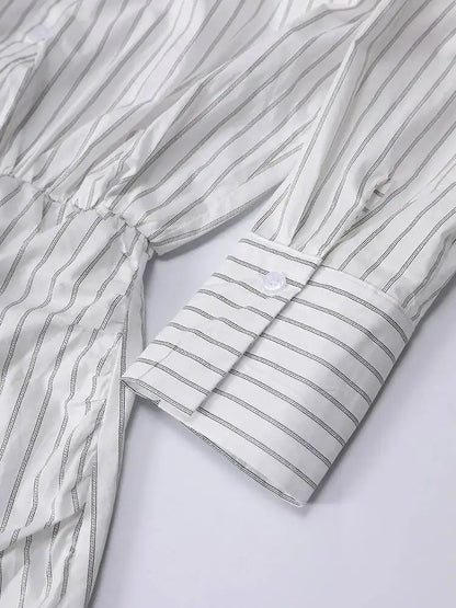 DEAT Fashion Striped Wrap Tie Waist Shirt Mini Dress Women's Lapel Asymmetric Ruched Hem Striped Bodycon Dresses Summer New