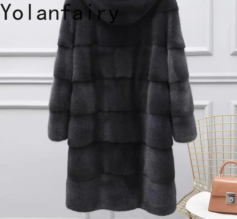 YOLANFAIRY Real Fur Coat Women Winter High Quality Mink Fur Jackets for Women Mid-length Natural Fur Coats Black Mink Jacket