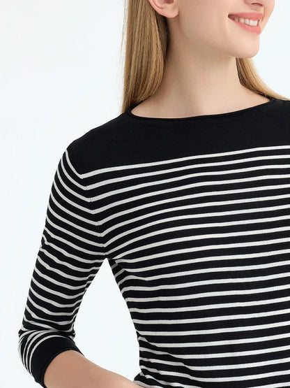 SuyaDream, Striped Pullovers for Woman, Round Neck, 45%Silk 55%Lyocell, 3/4 Sleeves, Chic Sweaters, 2025 Fall Winter Top, Black