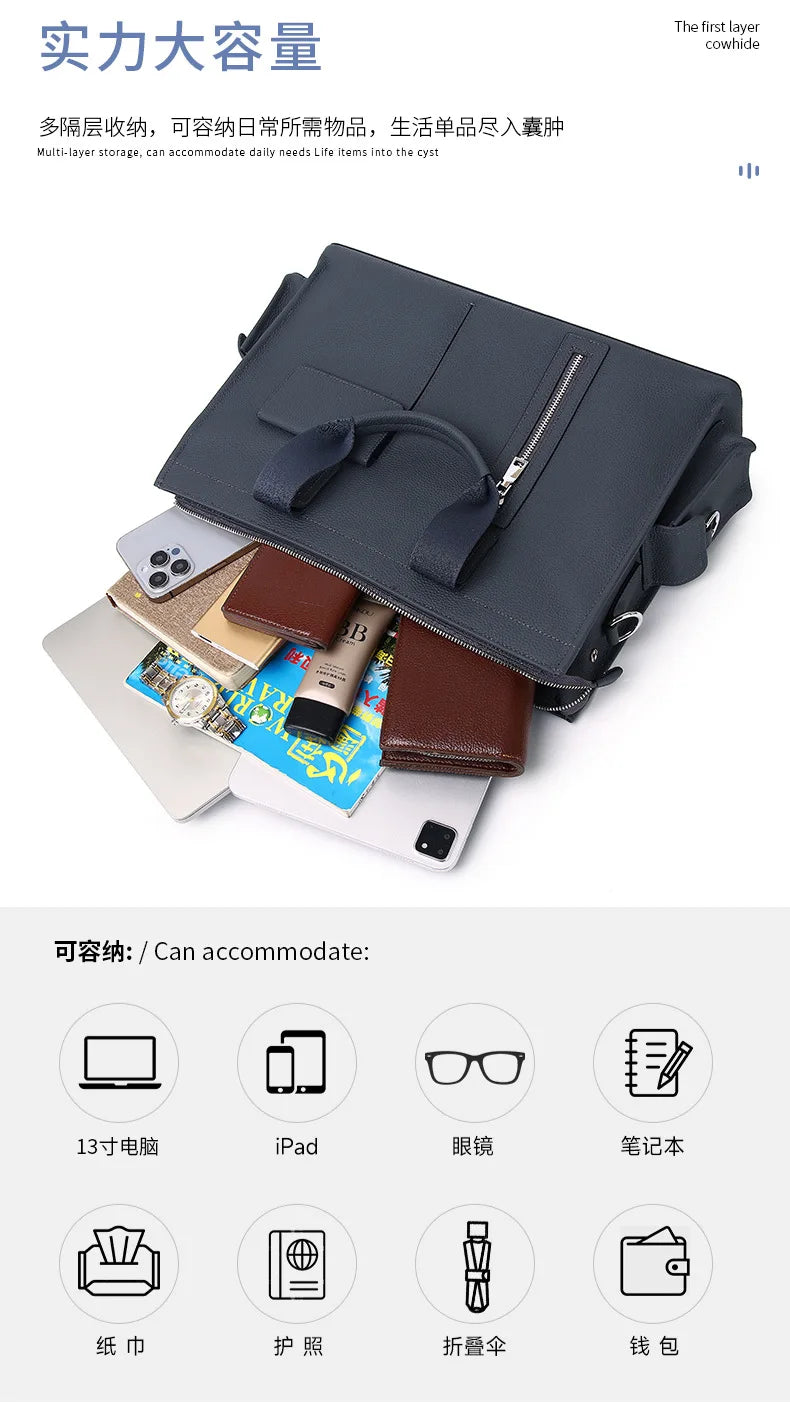 Genuine Messenger Bag Men Leather Handbag Large Capacity Business Commuter Handheld Cowhide Laptop Document Bag Men's Briefcase