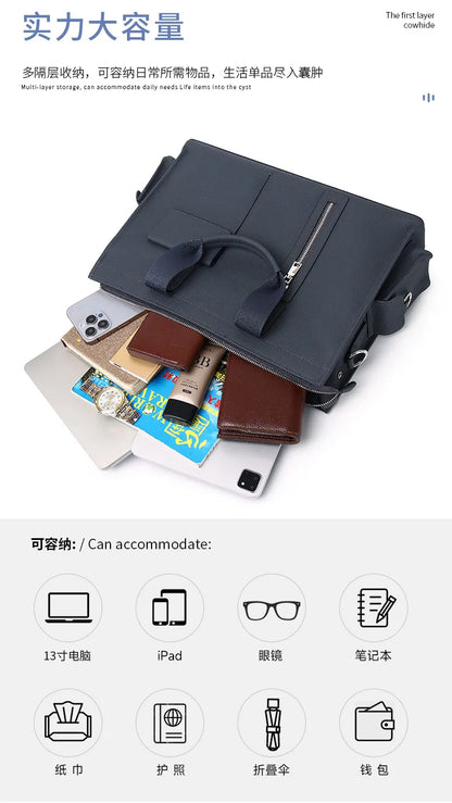 Genuine Messenger Bag Men Leather Handbag Large Capacity Business Commuter Handheld Cowhide Laptop Document Bag Men's Briefcase