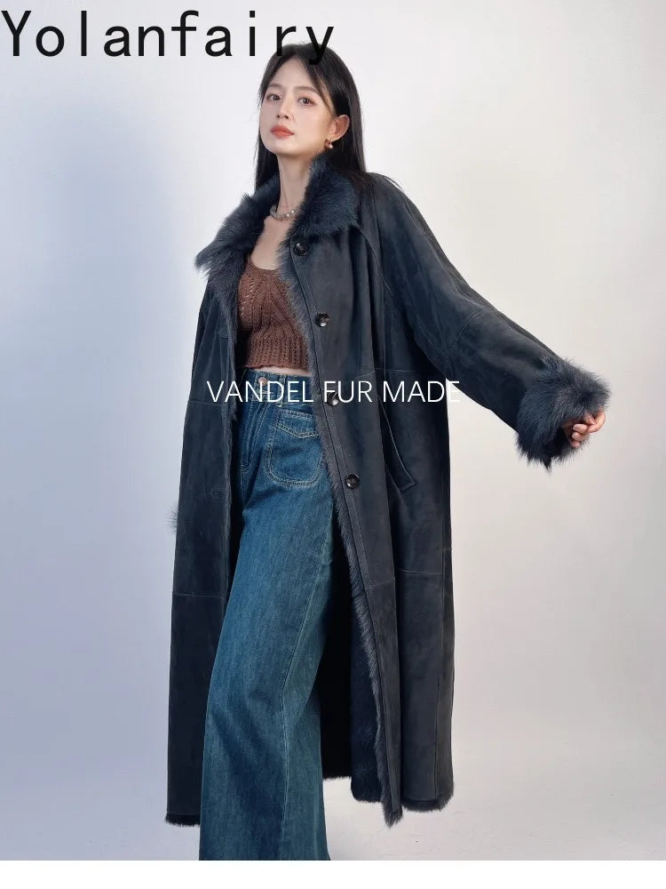 YOLANFAIRY Real Goatskin Leather Fur Coats for Women Winter High-end Natural Fur Coat Lazy Style Long Leather Jacket Luxury Wear