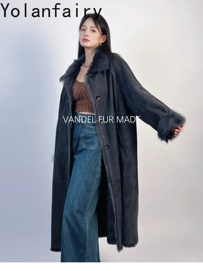 YOLANFAIRY Real Goatskin Leather Fur Coats for Women Winter High-end Natural Fur Coat Lazy Style Long Leather Jacket Luxury Wear