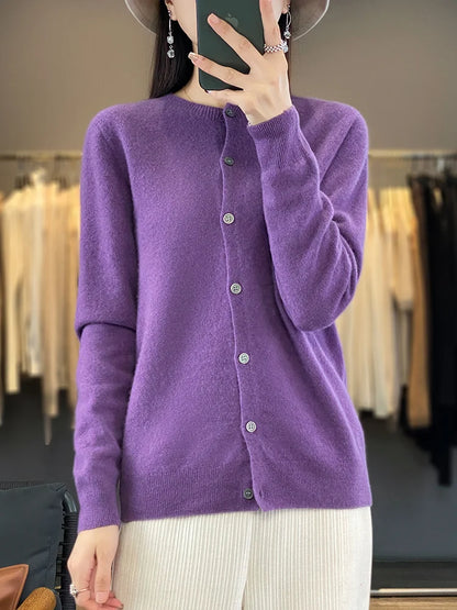 100% Merino Wool Sweater Women O-Neck Cardigan Basic Style  Buttoned Knitwear Female Casual Autumn Winter Soft Tops