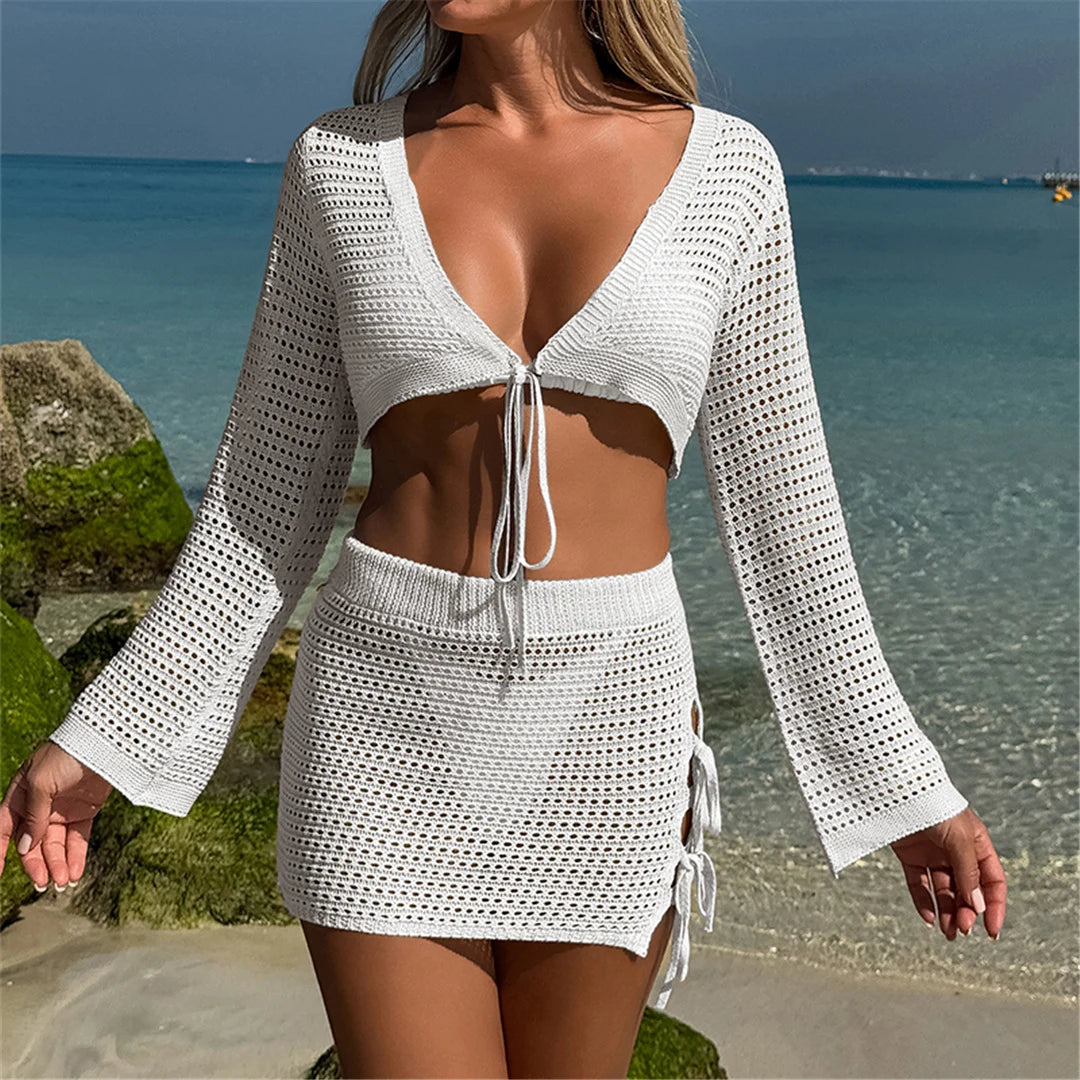 V Neck Long Sleeve Crochet Knitted 2 Pieces Suits Beach Cover Up Cover-ups Beach Dress Beach Wear Beachwear Female Women V6490