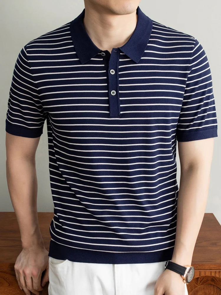 Men's Lyocell shirt summer new casual striped short sleeved T-shirt Polo collar breathable comfortable knitted pullover