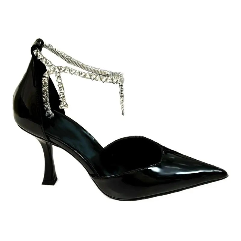 2025 Spring/Summer New Sexy and Versatile Hollow Pointed Shallow Mouth Fine Heel Chain Diamond High Heel Sandals for Women
