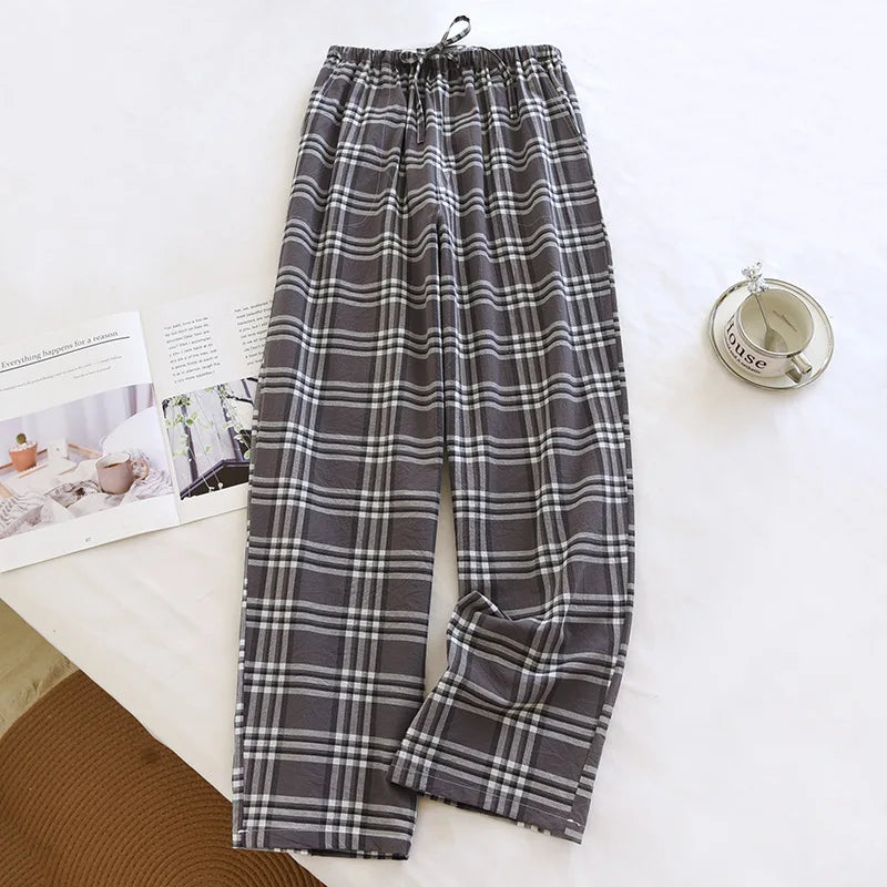 2026 New Spring and Autumn Men's Sleeper Pants 100% Cotton Gauze Japanese Checkered Pants Elastic Waist Home Pants Sleepwear