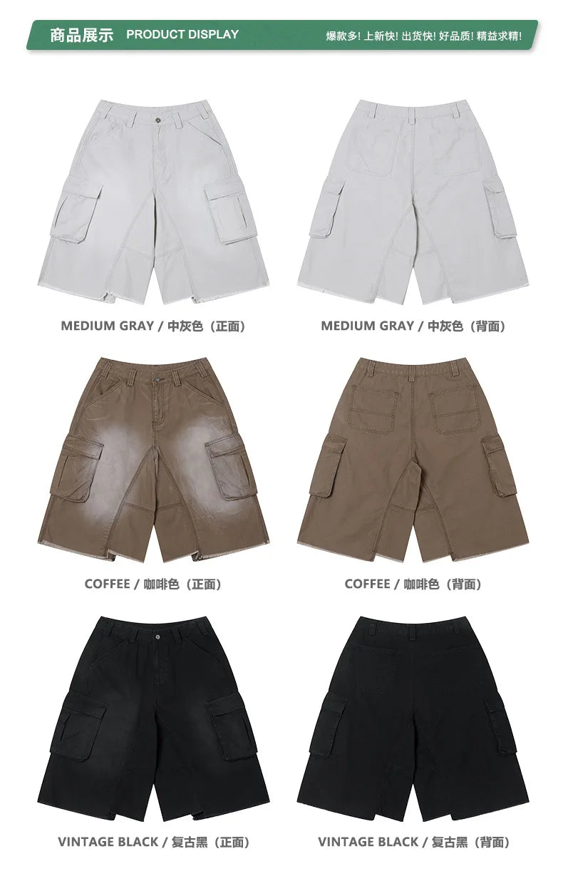 Custom LOGO men's 310G heavy 100% cotton summer American street multi-pocket retro washed old loose tooling seven-point shorts