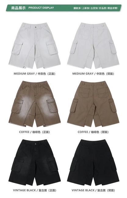 Custom LOGO men's 310G heavy 100% cotton summer American street multi-pocket retro washed old loose tooling seven-point shorts