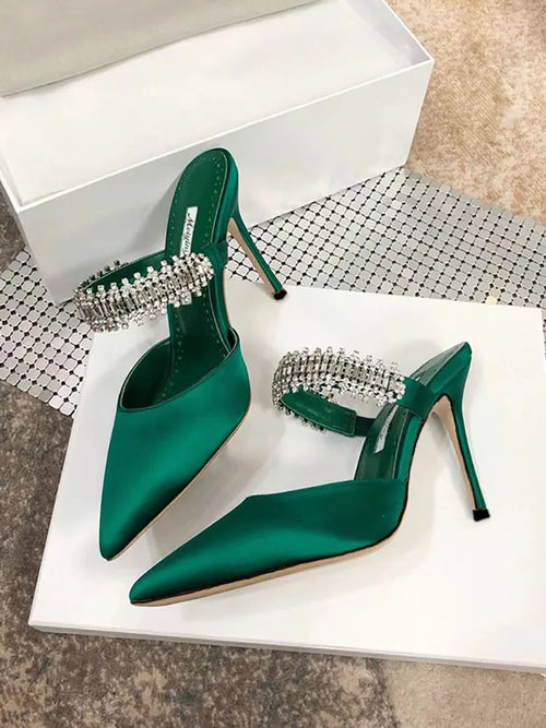 Women's 2022 Pump Summer New Rhinestone Chain Slippers High Heels Stiletto Pointed Shallow Mouth Silk Sandals Outer Wear